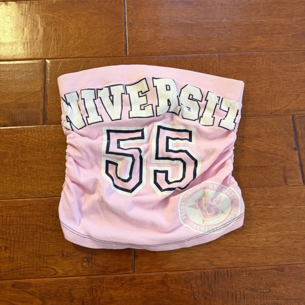 5-7-9 Tube Top Womens L Pink University 55 Varsity Y2K Ruched Sides Strapless